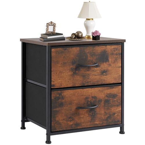 DUMOS Nightstand Small Dresser with 2 Fabric Drawers, Bedroom End Table | Kids Bedside Storage Furniture for 20 inch Tall Night Stand for Closet, Dorm, Rustic Brown - color: Brown, size: 11.8"D x 18"W x 20"H (2 Drawers)