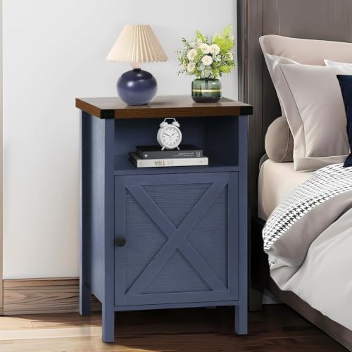 Catrimown Farmhouse Nightstand with Barn Door and Shelf, Side Table, Rustic End Table for Bedroom, Living Room, Navy Blue - color: Navy Blue