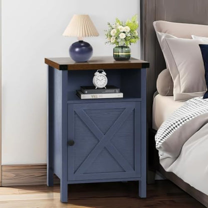 Farmhouse End Table, Nightstand with Barn Door and Shelf,Navy Blue | End Tables,Wooden Sofa Side Table, Modern Bed Side Table Rustic Nightstands, Bedroom, Living Room - color: Navy Blue