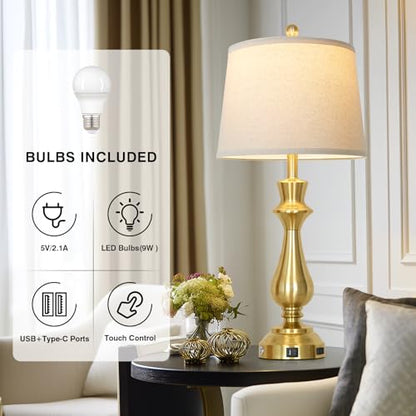 Touch lamp for Night Stands - 29.5" Tall Bedside Lamp with USB C+A, 3 Way Dimmable Bedroom Lamps, Gold Metal Table Lamps for Living Room, Single Gold - color: Gold-1P