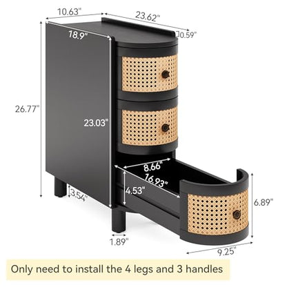 LITTLE TREE Solid Wood End Table, Rattan Narrow Side Table with 3 Drawers | No Assembly Required, Solid Wood Nightstand, Bedside Table for Living Room, Bedroom, Office, Bathroom, Balck - color: Black