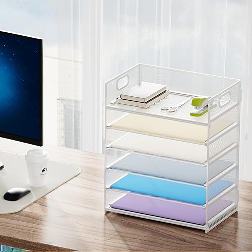 Marbrasse 2 Pack Desk Organizer with Handle, 6 Tier Paper Letter Tray, Mesh Desk File Organizer for Office, School and Home - Whtie - color: 2 Pack - White