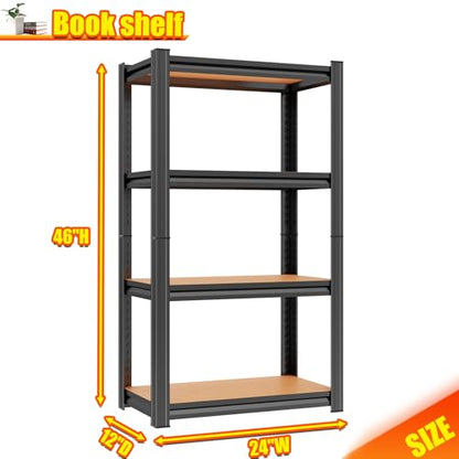 24"W Steel and Wood Book Shelf, 4 Tier Metal Bookcase, 1200LBS Display Shelving, Adjustable Utility Shelf Organizere, Standing Storage Shelves for Study, Bedroom, Living Room and Home Office, Black - size: 24"W x 12"D x 46"H