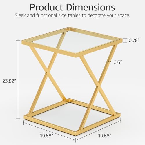 Square End Table with Tempered Glass Top, Stylish X-Shaped Metal Frame, Living Room Coffee Table, Sofa Side Table, Accent Tables for Small Spaces, Modern Bedside Table for Bedroom (Gold) - color: Gold, style: Style 3