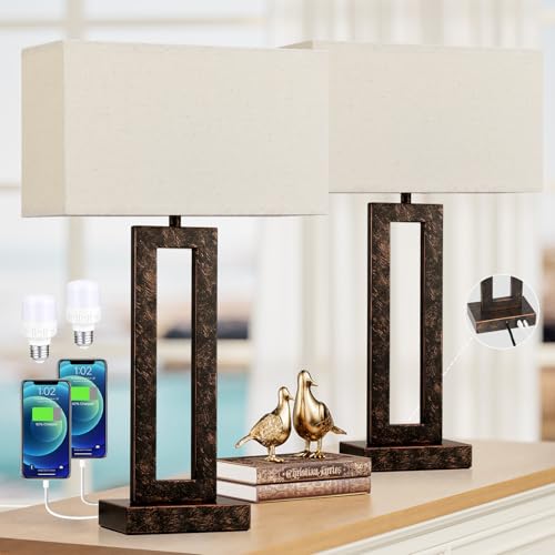 Seealle 22" Tall Living Room Lamps for Night Stands - Touch Bedside Lamp with USB C+A, 3 Way Dimmable Bedroom Lamps for End Tables Set of 2, Modern Night Stand Lamp for Bed Side(Beige&Brown) - color: K. Beige&Brown, size: Large(22in)