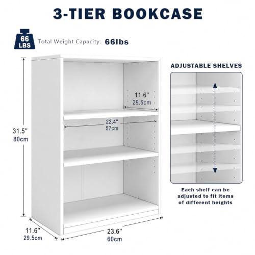 3-Tier Bookcase, 71 Inches, Wooden Open Display Floor Bookshelf with Adjustable Shelves (White) - color: White, size: 3-Tier Bookcase