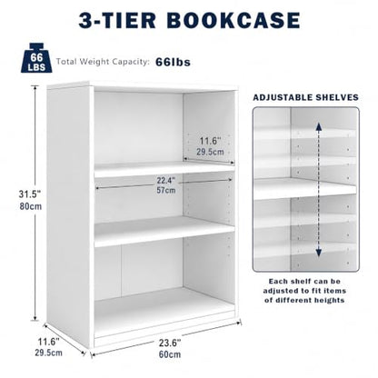 3-Tier Bookcase, 71 Inches, Wooden Open Display Floor Bookshelf with Adjustable Shelves (White) - color: White, size: 3-Tier Bookcase