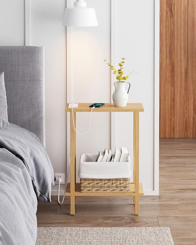 TUTOTAK Small End Table with Charging Station, Narrow Side Table with USB Ports and Outlets, Skinny Sofa Table, Slim Nightstand, Living Room, Bed Room, Natural TB01BN060 - color: Natural, size: 2-tier