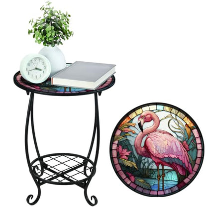 Cinnvoice Outdoor Side Table Round Small Mosaic Patio Accent Indoor End Plant Coffee Tea Table for Yard Patio Porch Garden Living Room, Bedroom(Flamingo Style,12 Inch) - size: 12 Inch, style: Flamingo Style
