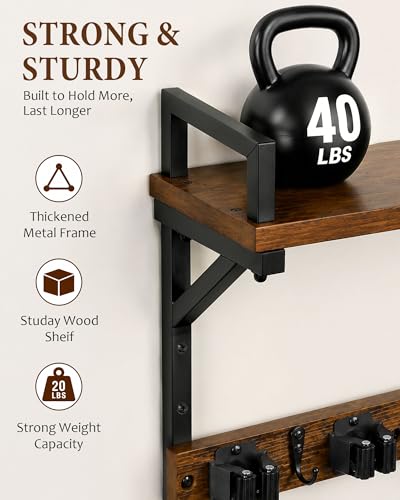 Lorbro Broom Holder Wall Mount with Cleaning Supplies Storage, Heavy Duty | 3 in 1 Broom and Mop Organizer Wall Hanging, Wooden Mop Organizer Hanger, Storage Shelves for Laundry Room, Garage - size: Medium