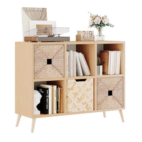6 Cube Storage Organizer, Wood Bookcase with Legs, Modern Freestanding Cubby Shelving Unit, Book Shelf Toy Storage Cabinet for Bedroom, Living Room, Kids Room, Fits 11 Inch Bins, Natural - color: Natural, size: 6-Cube