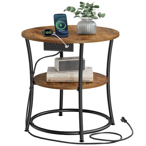 VASAGLE 21.7-Inch Round Side Table, 2-Tier End Table with Power Outlets, Nightstand with Steel Frame, Spacious Top, for Small Spaces, Living Room, Bedroom, Rustic Brown and Ink Black ULET077K01 - color: Rustic Brown + Ink Black, style: With Power Strip