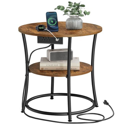 VASAGLE 21.7-Inch Round Side Table, 2-Tier End Table with Power Outlets, Nightstand with Steel Frame, Spacious Top, for Small Spaces, Living Room, Bedroom, Rustic Brown and Ink Black ULET077K01 - color: Rustic Brown + Ink Black, style: With Power Strip