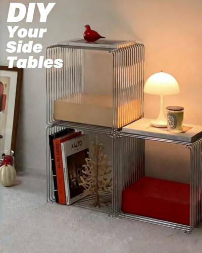 Square Stainless Steel Side Table, Metal End Table with Magazine Rack, Space-Saving Silver Nightstand for Small Spaces, Chrome Side Table with Storage Shelf for Living Room Bedroom Office