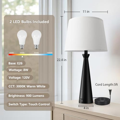 Seealle Modern Table Lamps Set of 2 - Touch Bedside Lamp for Nightstand with Dual USB C+A,3-Way Dimmable Black Nightstand Lamps for Living Room Bedroom End Table(Bulb Included) - color: A. Black-White