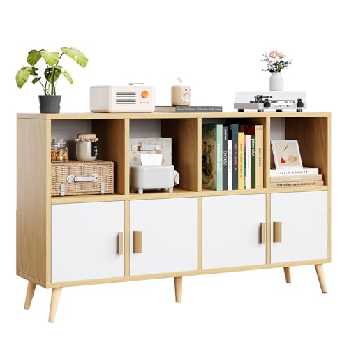 8-Cube Storage Organizer with Doors & 5 Solid Wood Legs, Mid-Century Modern Bookshelf with Seamless Top, Horizontal Cubby Toy Storage for Kids, Sideboard Media Console fits 11" Bins, Natural - color: Natural, size: 8-Cube with Door
