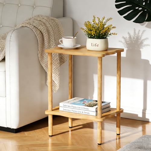 THUMEYE 2-Tier Side Table 20.6”H, Space-Saving Small Nightstand with Solid Wood Legs, Tool-Free Assembly, Suitable for Reading Chair, Bedside, Balcony, 15.7”D x11.8”W, Burlywood - color: Burlywood, size: 20.6”H