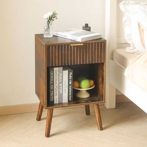 Fultyle Mid Century Modern Nightstand, Wood Bedside Table with Drawer and Open Storage, End Table Living Room Fluted Night Stand with Solid Wood Legs for Bedroom (Rustic Brown) - color: Rustic Brown