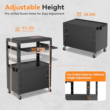 Mobile AV Cart, Adjustable Height Rolling Computer Cart with Pullout Keyboard Tray – Locking Cabinet, 3 Outlets & 2 USB Ports, Lock Brake Casters–Media Utility Cart on Wheels for Home/Office - size: Style 1 18"D x 24"W x 43.3"H