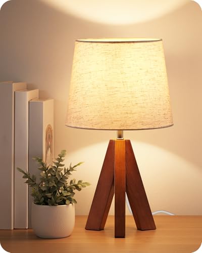 Tripod Table Lamp, 14.6 Inch Small Bedside Lamp with Beige Linen Shade, Modern Nightstand Lamp for Bedroom, Kids Room, Living Room, Nursery, Office, E26 Socket, Dark Wood Base, LE51TL05 - color: Beige+Pearwood