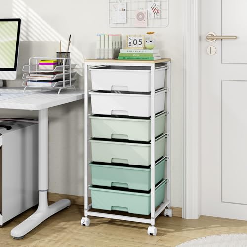 Rolling Storage Cart with 6 Drawers and Wooden Tabletop, Lockable Wheels Utility Cart for Art Studios, Office Supplies & Craft Room Organization (Green) - color: Green