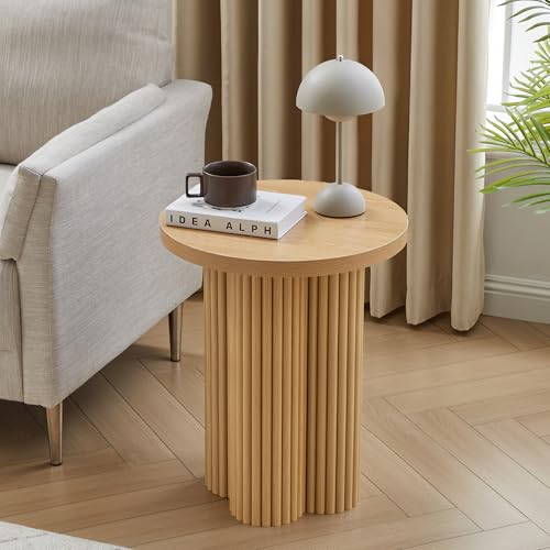 Round Fluted End Table, 17.7'' Mid Century Modern Side Table, Circle Bedside Tables Drink Table Wood Nightstand for Small Spaces, Living Room (Natural-1PCS) - color: Natural-1pcs