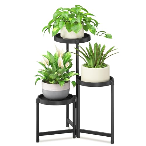 iDavosic.ly 3 Tier Folding Plant Stand Indoor Outdoor with Plastic Tray, Tiered Corner Flower Holder Shelf, Metal Orchid Display Rack for Patio Porch Living Room Garden Balcony, Modern Black - color: Black, size: 3 Tiers