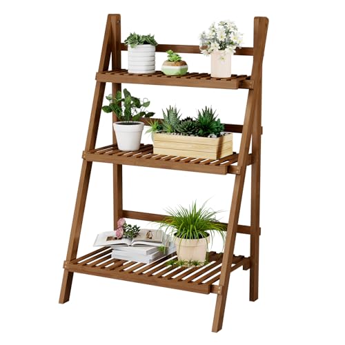 39.4" Bamboo Ladder Shelf Plant Shelf, 3 Tier Foldable Ladder Flower Pot Display Shelf Rack, 23.6"W x 15"D x 39.4"H, Freestanding Bookshelf for Garden, Balcony, Yard, Patio, Lawn, Living Room, Walnut - color: 3-tier Walnut