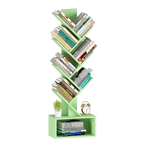 Yoobure Tree Bookshelf - 6 Shelf Retro Floor Standing Bookcase, Tall Wood Book Storage Rack for CDs/Movies, Utility Book Organizer Shelves for Bedroom, Living Room, Home Office Green - color: Green