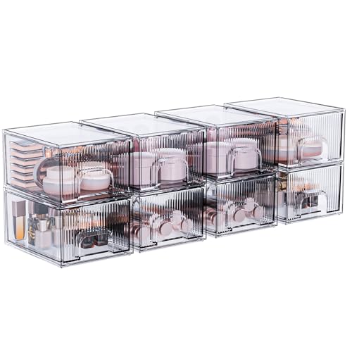 ZHIAI 8 Pack Clear Stackable Storage Drawer, Acrylic Drawer, Cosmetic Organizer, Plastic Organizer for Dresser, Under, Kitchen Cabinet, Pantry, Home Organization and Storage - color: 8 Short