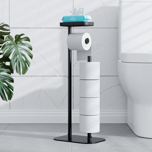 Kitsure Metal Toilet Paper Holder Free Standing, Large, Black | Rustproof Toilet Paper Stand for 5 Rolls, Bathroom Organizers and Storage with Anti-Slip Base and Plastic Shelf - color: Black, size: Large - 1 Pack