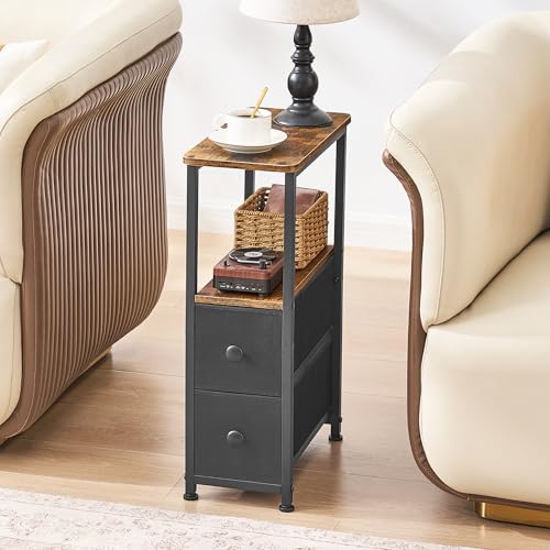 DALEMHOME End Table, Narrow Side Table with 2 Fabric Drawers, Slim Nightstand, Small Bedside Table with Storage, Living Room, Bedroom, Rustic Brown HKET1200BR - color: Rustic Brown, size: 7.9" W x 15.7" D, style: No Power