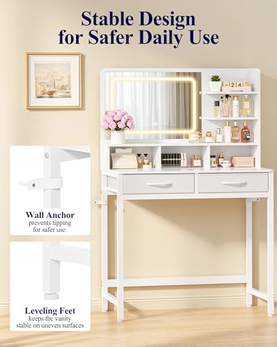 Kitsure Small Makeup Vanity with Lights, Open Shelves, Fabric Drawers | Bedroom, Gifting, 3 Lighting Modes, Stable Frame, 31.5" x 15.8" x 51.2"