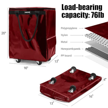 Reusable Grocery Bag Tote Bag with Wheels, Foldable Rolling Tote Bag with 3 Handles and Zipper - color: Red, size: Medium