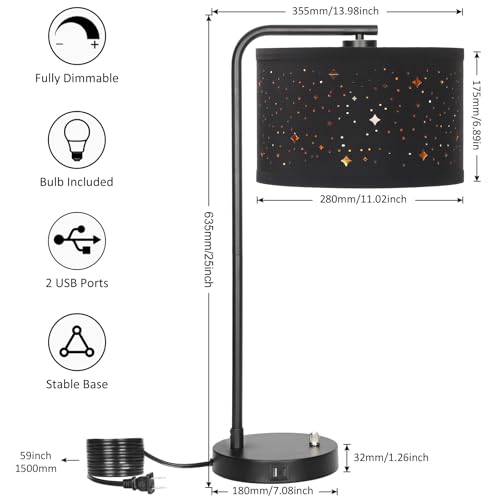 Bedside Table Lamp with USB C+A Ports, Fully Dimmable Modern Nightstand Side Lamps with Stars Shade, Tall Desk Reading Lamps for Living Room Bedroom 3000k LED Bulb Included - color: Black Base with Stars Shade