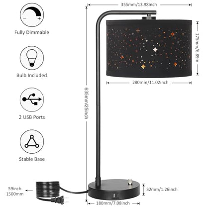 Bedside Table Lamp with USB C+A Ports, Fully Dimmable Modern Nightstand Side Lamps with Stars Shade, Tall Desk Reading Lamps for Living Room Bedroom 3000k LED Bulb Included - color: Black Base with Stars Shade