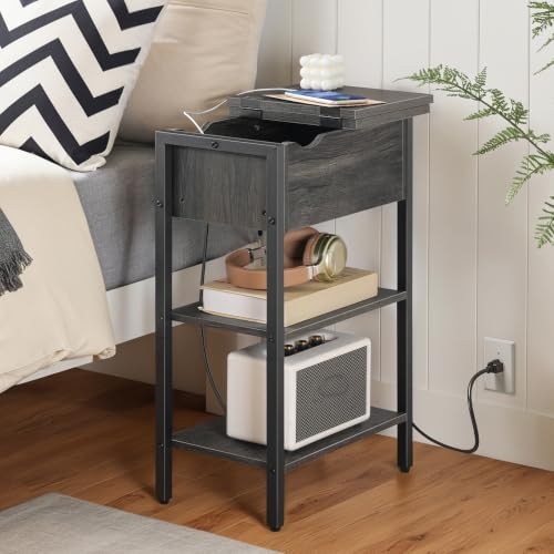 HOOBRO End Table with Charging Station, Narrow Side Table, Flip Top Nightstand with USB Ports and Outlets, Bedside Tables with Shelf for Small Spaces, Living Room, Charcoal Black BC341BZ01 - color: Charcoal Black