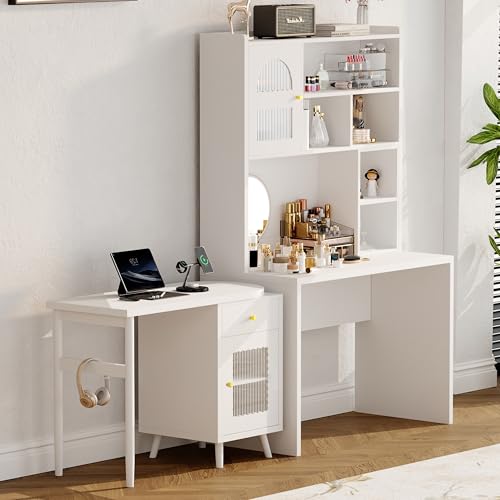 Bellemave Computer Desk with 90 Degree Rotating Desktop, 43x70 Inch Home Office Desk with Drawer and Storage Cabinets, Gaming Desk with Shelves, Writing Desk for Study (White) - color: White