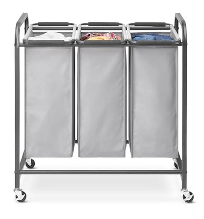 Whitmor Triple Laundry Sorter - 3 Removable Bags with Easy-Grip Handles - Rolling Laundry Sorter - Grey - size: 3 Section A，Grey