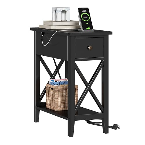 ChooChoo End Table, Flip Top Narrow End Table with Charging Station | Narrow Side Table with USB Ports and Outlets, Nightstand with Drawer, Bedside Tables for Living Room and Bedroom, Black - color: Black, size: 1 Pack, style: With Power