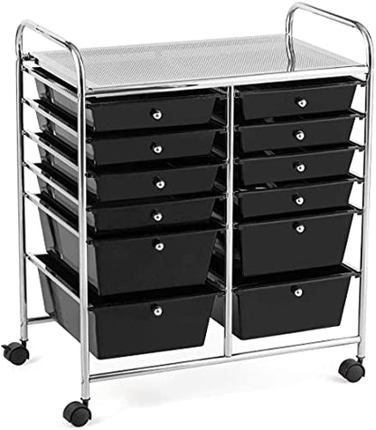 FANTASK 12-Drawer Rolling Storage Cart, Multipurpose Organizer Utility Trolley on Wheels, Tools Scrapbook Paper Organizer for School, Office, Home, Beauty Salon (Black)