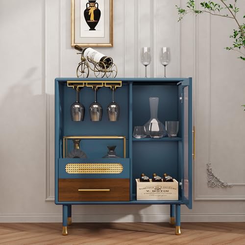 ARTPOWER Modern Coffee Bar Cabinet with Pull-Out Wine Storage, Blue | Bar Cart with Wine Glass Rack and Drawers, Liquor Cabinet for Kitchen, Dining Room, Living Room - color: Blue
