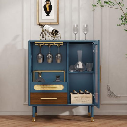 ARTPOWER Modern Coffee Bar Cabinet with Pull-Out Wine Storage, Blue | Bar Cart with Wine Glass Rack and Drawers, Liquor Cabinet for Kitchen, Dining Room, Living Room - color: Blue