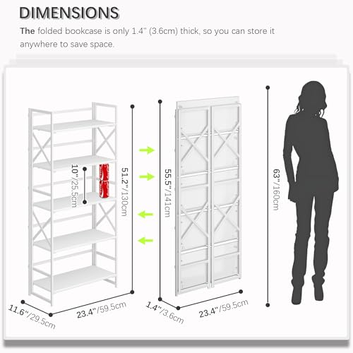 4NM 5 Tiers No Assembly Book Shelves, 51.2" H Folding Bookshelf Bookcase Open Industrial Foldable Shelves for Bedroom, Living Room, Home Office - All White - color: All White, size: XX 5-Tier