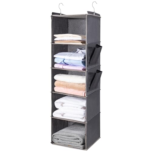 BOOMIBOO Hanging Closet Organize and Shelves，5-Hanging Shelf with 2 Side Pockets，Storage Foldable （Grey） | Dorm Room Essentials, Clothes Organizer with 2 Side Pockets, Hanging Shelves for Closet Storage, Breathable Fabric - color: Grey, size: 1
