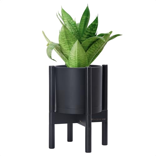 D'vine Dev Plastic Pot with Ebony Wood Stand, Black, 8 in, 55-C-K-2 | Mid-Century Inspired Design, Elevated Plant Display, Clean Lines, Sturdy Support, Modern Space-Saving Style - color: Matte Black Pot + Ebony Stand, size: 8 Inch