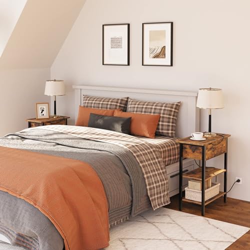 HOOBRO End Table with Charging Station, Narrow Side Table, Flip Top Nightstand with USB Ports and Outlets, Bedside Tables with Shelf for Small Spaces, Living Room, Rustic Brown BF341BZ01 - color: Rustic Brown + Black