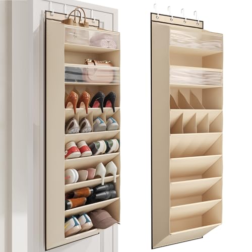 Mefirt 16-20 Pairs Over the Door Shoe Organizer, Clear Pockets Shoe Rack for Closet Door, Hanging Shoe Rack for Boots, Behind the Door Shoe Holder Fit All the Family's Sneakers, Boots, Heels, Beige - color: Beige 16-20 Pairs Clear Pockets