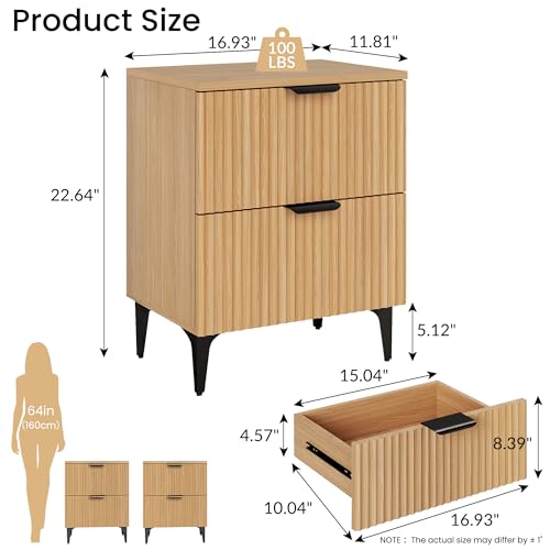 SUNWAVE Fluted Nightstand Set of 2, Modern Night Stands with 2 Drawers | Bedside Table for Twin/Full/Queen Bed, End Table with Robot-friendly Metal Legs for Bedroom, Living Room - color: 2 Drawers-2pcs-oak