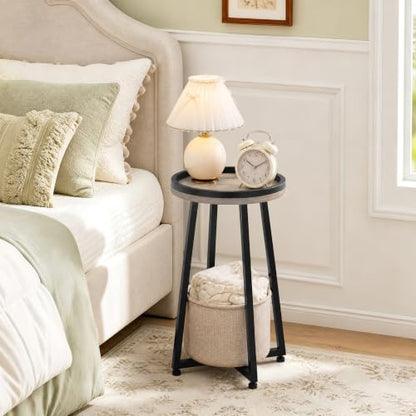HOOBRO Small Round Side Table, 2-Tier Round Sofa End Table, Compact Nightstand with Cotton Linen Storage Basket, for Small Space, Living Room, Bedroom, Dorm, Greige BG183BZ01 - color: Greige